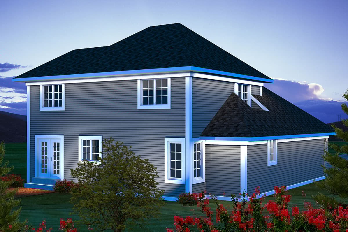 Two-story house plan exterior with gray siding, white trim, multiple gables, and double French doors.