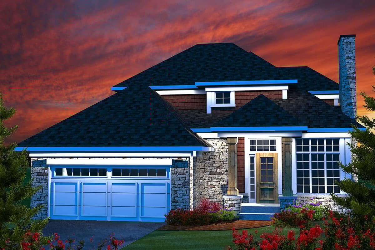 House plan exterior with stone veneer, gabled roof, and a multi-pane window. Features a garage and decorative chimney.