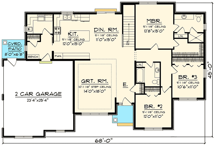 Plan 89911AH: 3 Bed Brick Ranch With Side Load Garage - Floor Plan - Main Level - Ranch, Southern