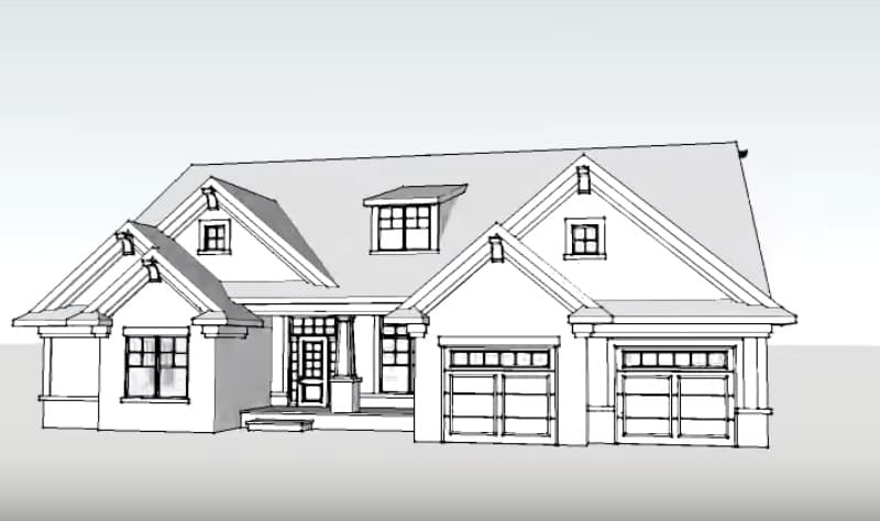 House plan exterior: Ranch style, two-car garage, prominent gables with dormers, and covered front porch.