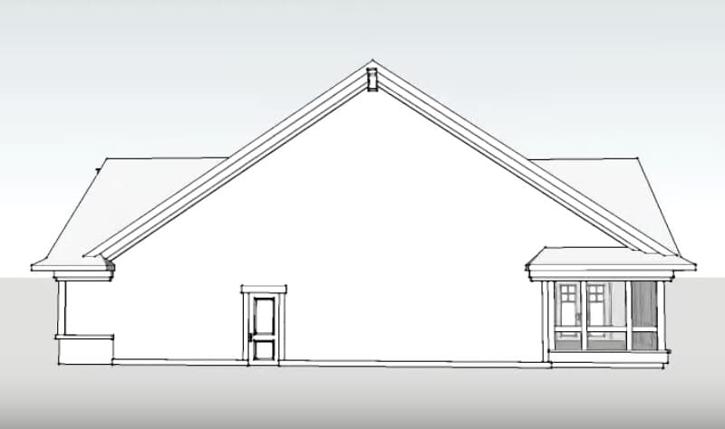 Side elevation drawing of a one-story house plan featuring a prominent gable roof, a porch, and a screened sunroom.