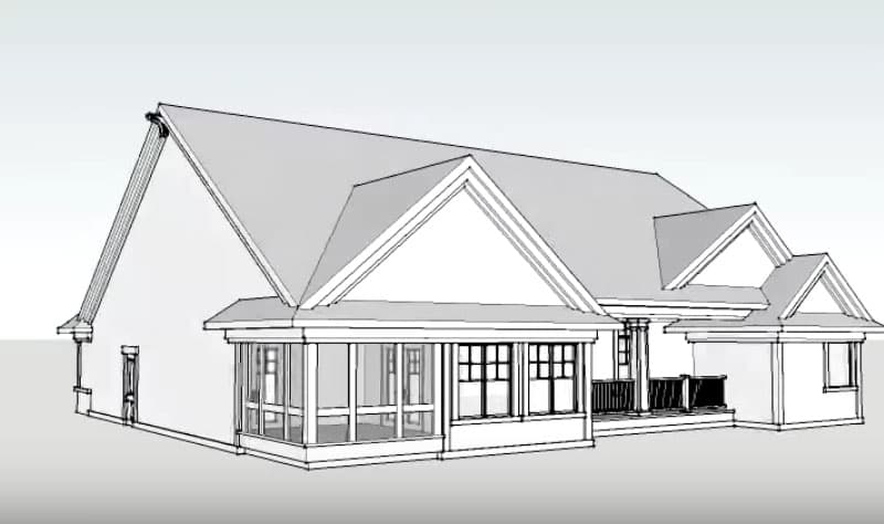 House plan exterior: Two-story, gabled roofline, wraparound porch with columns and railings, sunroom with multi-pane windows.