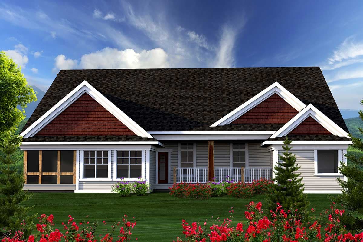 House plan exterior: Ranch style, one story, with a covered front porch, screened porch, multiple gables, and dormers.