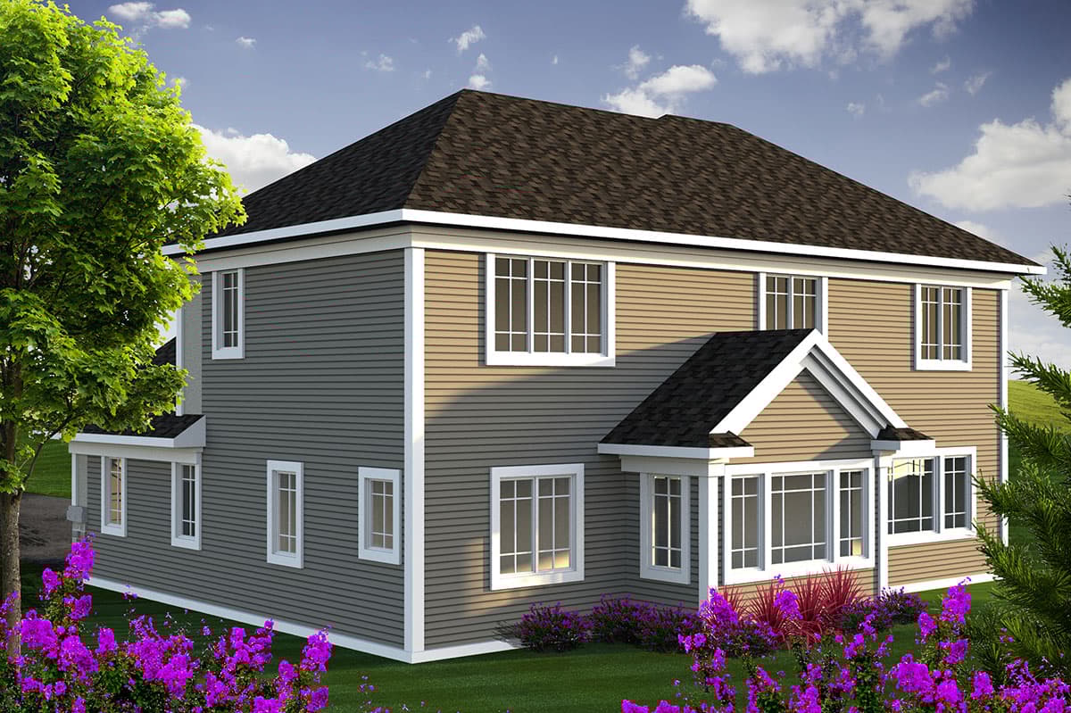 House plan exterior rendering of a two-story home with horizontal siding, gabled dormer, and multiple windows.