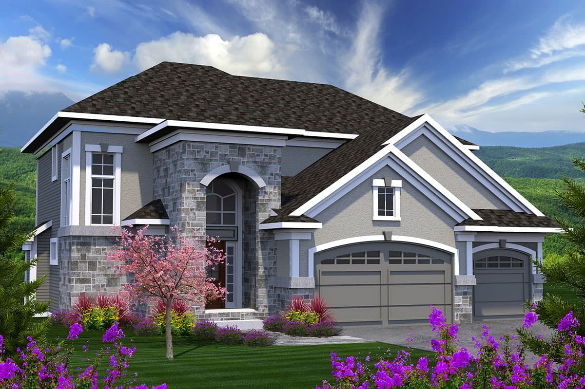 House plan exterior. Two-story home with a stone facade and gabled roofline. Features include arched entry, multi-pane windows, and attached garage.