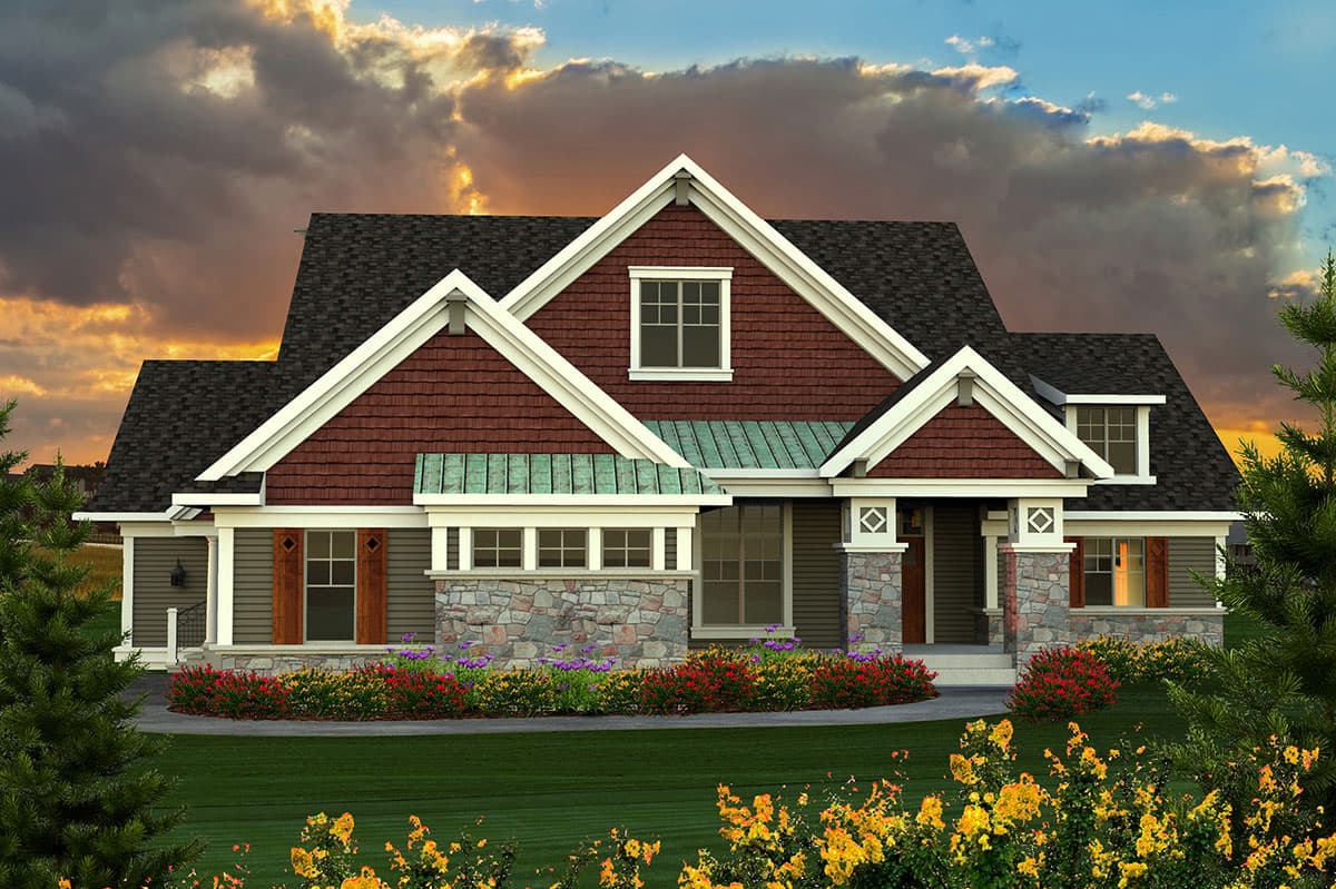House plan exterior rendering. Craftsman style with a gabled roof, stone accents on the facade, and a covered porch.