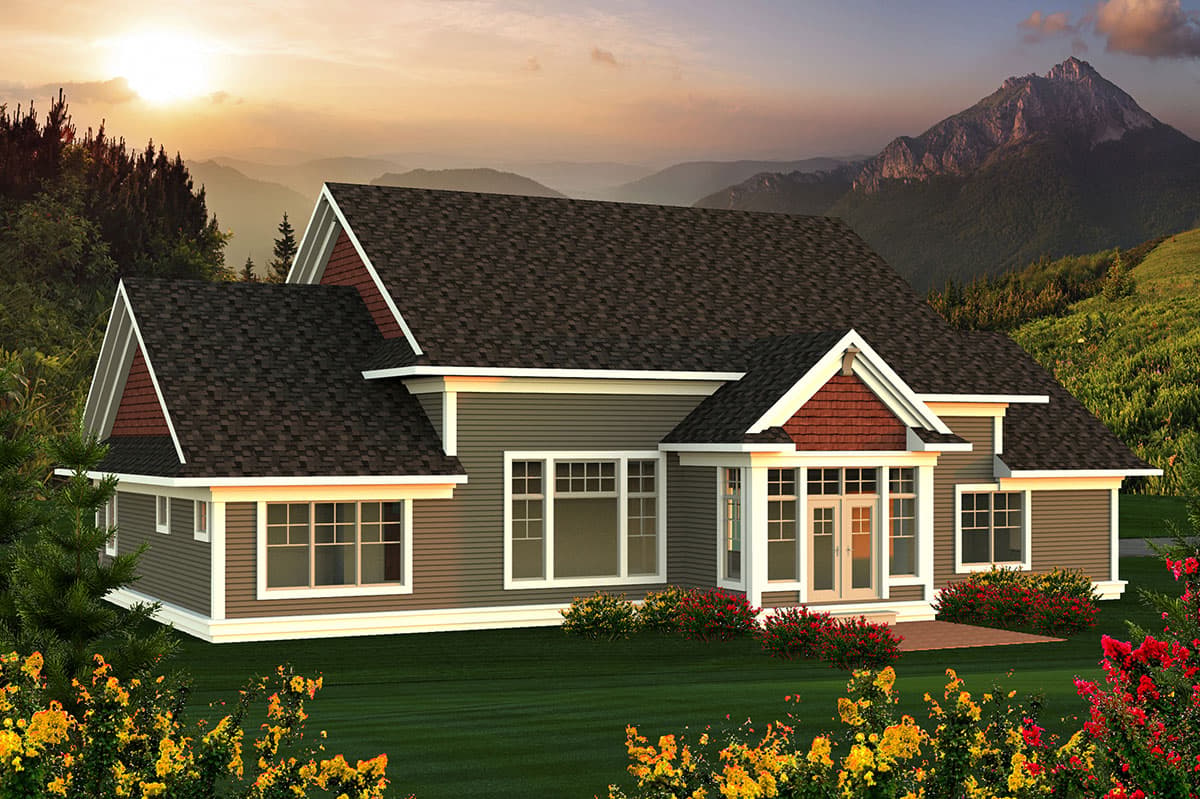 House plan exterior with a prominent gable, multiple dormers, and a covered entrance with double doors.