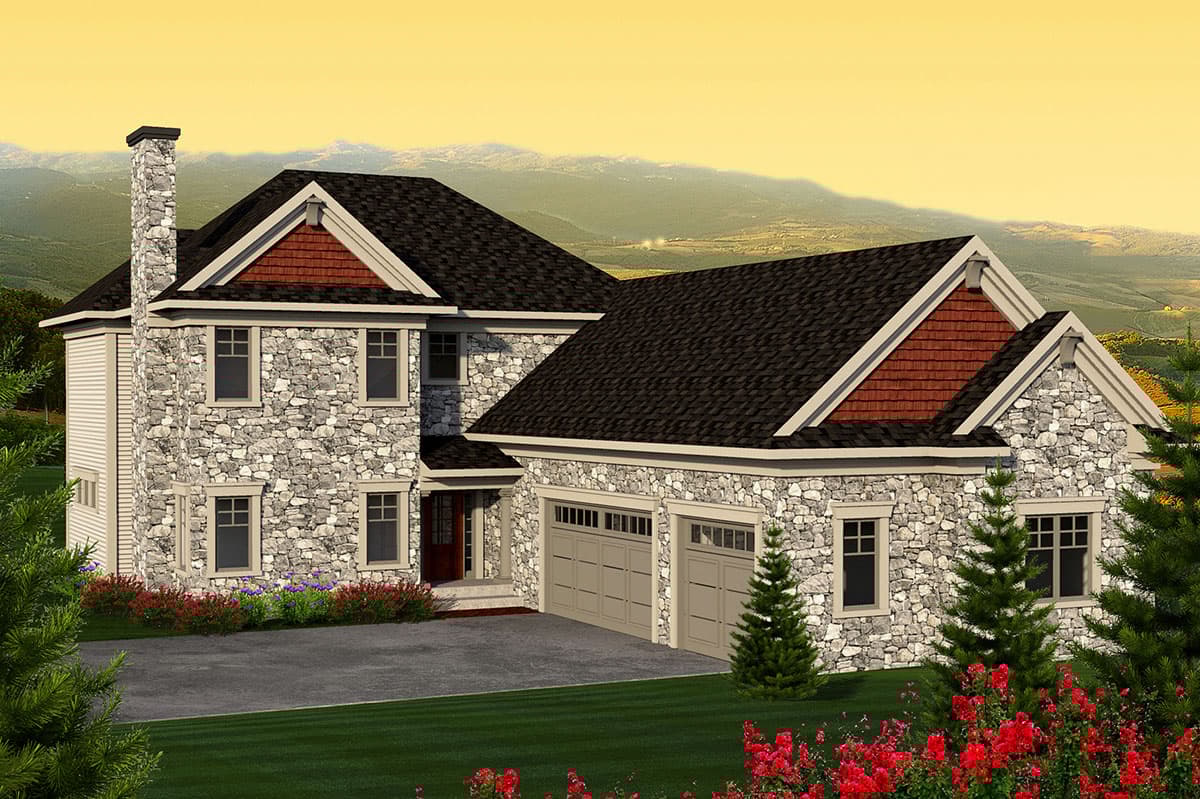 House plan exterior with stone veneer, two stories, gabled roof with dormers, and attached garage. Includes a tall chimney.