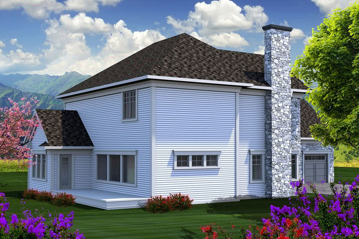 House plan exterior view of a two-story home with white siding, prominent stone chimney, gabled roof, and attached garage.