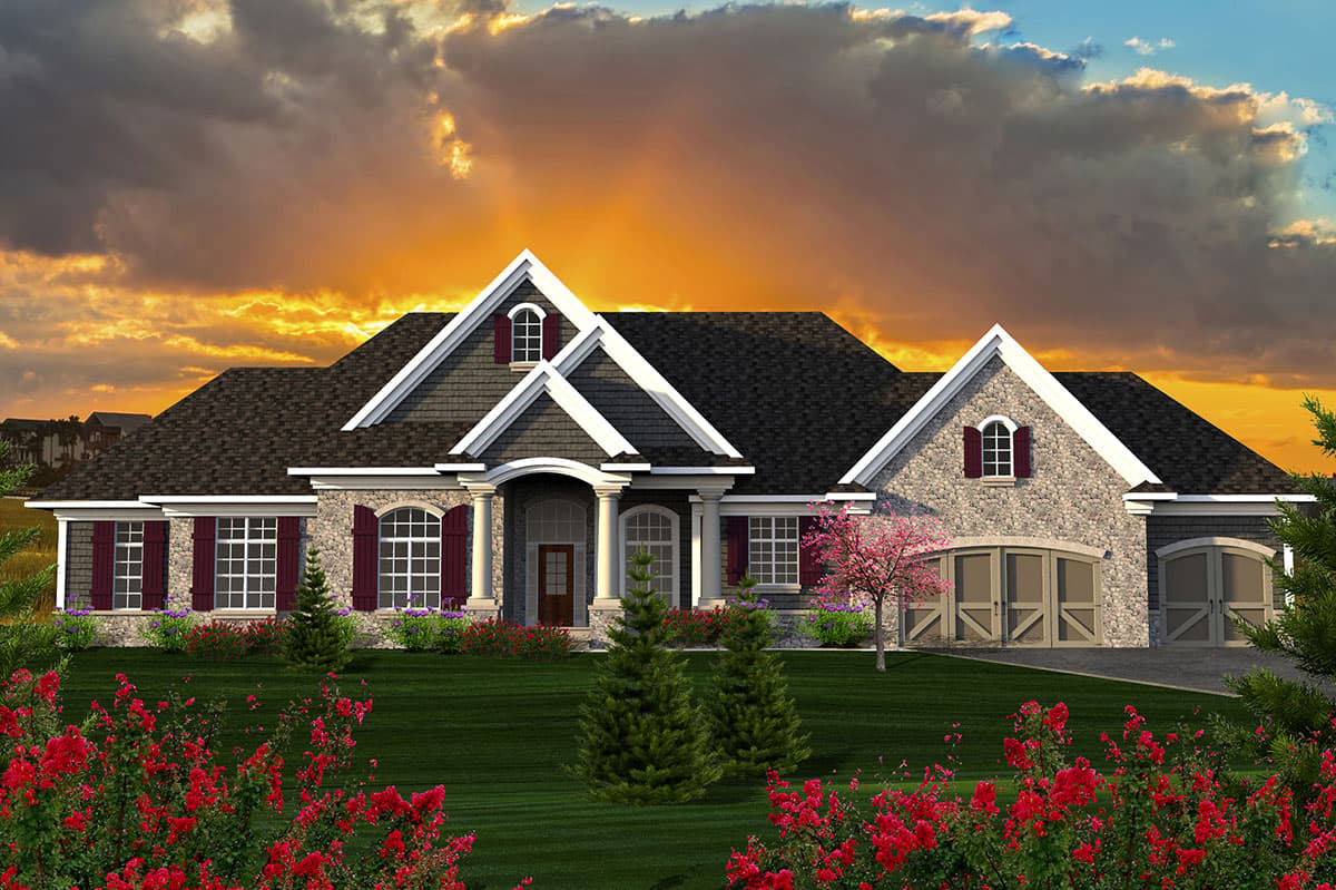 House plan exterior with stone veneer facade. Features include multiple gables, arched entry, and a two-car garage. Shutters and dormers visible.