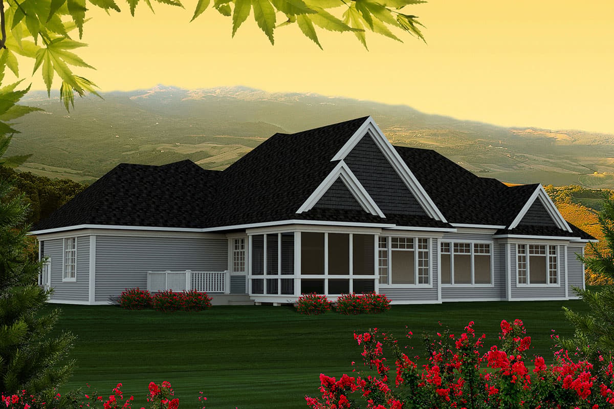 House plan exterior: Single-story home with a screened porch, multiple gables with decorative trim, and a fenced deck.