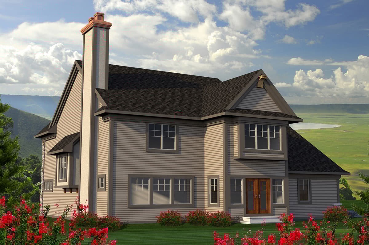 House plan exterior rendering of a two-story home with a prominent brick chimney, multiple gables, and horizontal siding.