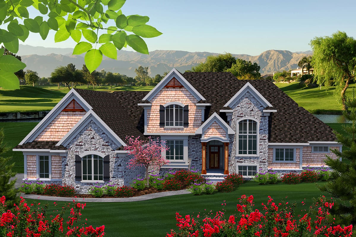 House plan exterior with stone and shake siding, multiple gables, and a prominent entry porch. Includes multi-pane windows and a dark shingle roof.