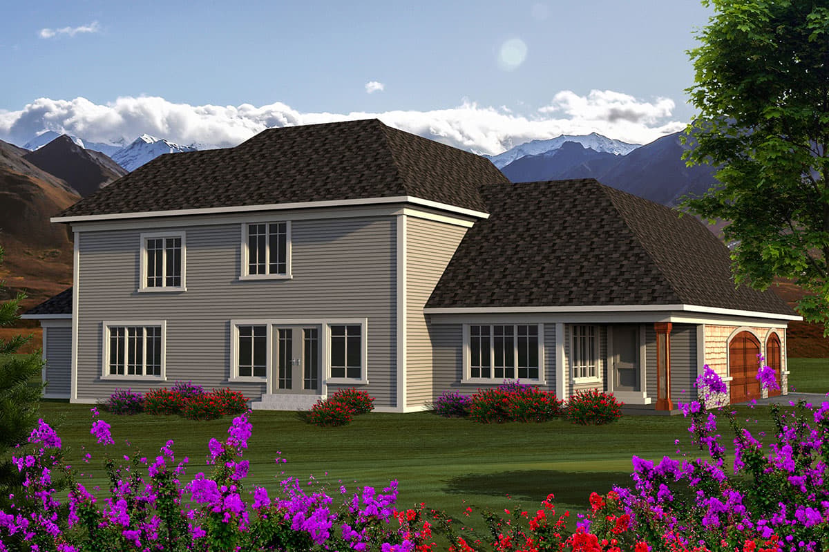 House plan exterior: two-story home with siding, multiple gables, and a three-car garage with arched doors.