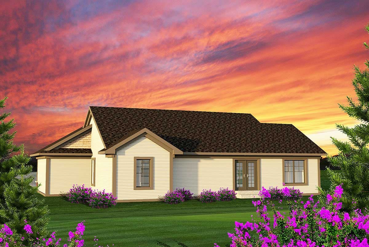 House plan exterior: One-story home with gabled dormer, hip roof, siding, and double doors.