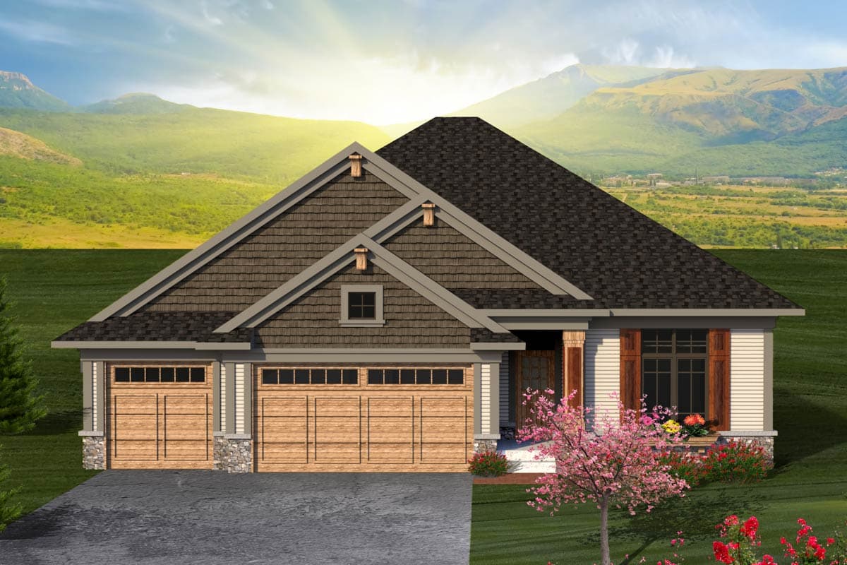 House plan exterior: Modern Farmhouse style, single-story, with a prominent gable, dual garage doors, and stone accents.