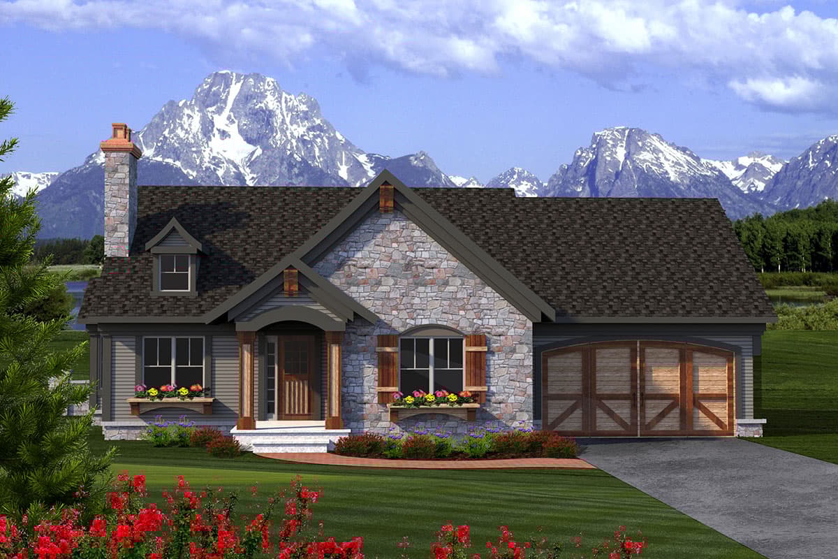 House plan exterior with stone veneer, gabled roof, and two-car garage. Features include a front porch and dormer windows.