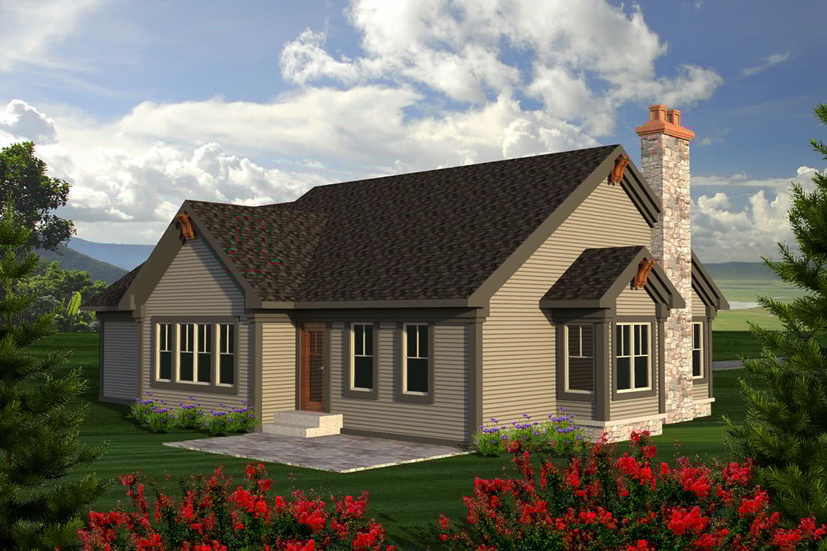 House plan exterior: Ranch style, one-story home with a stone chimney, gables, and bay windows.