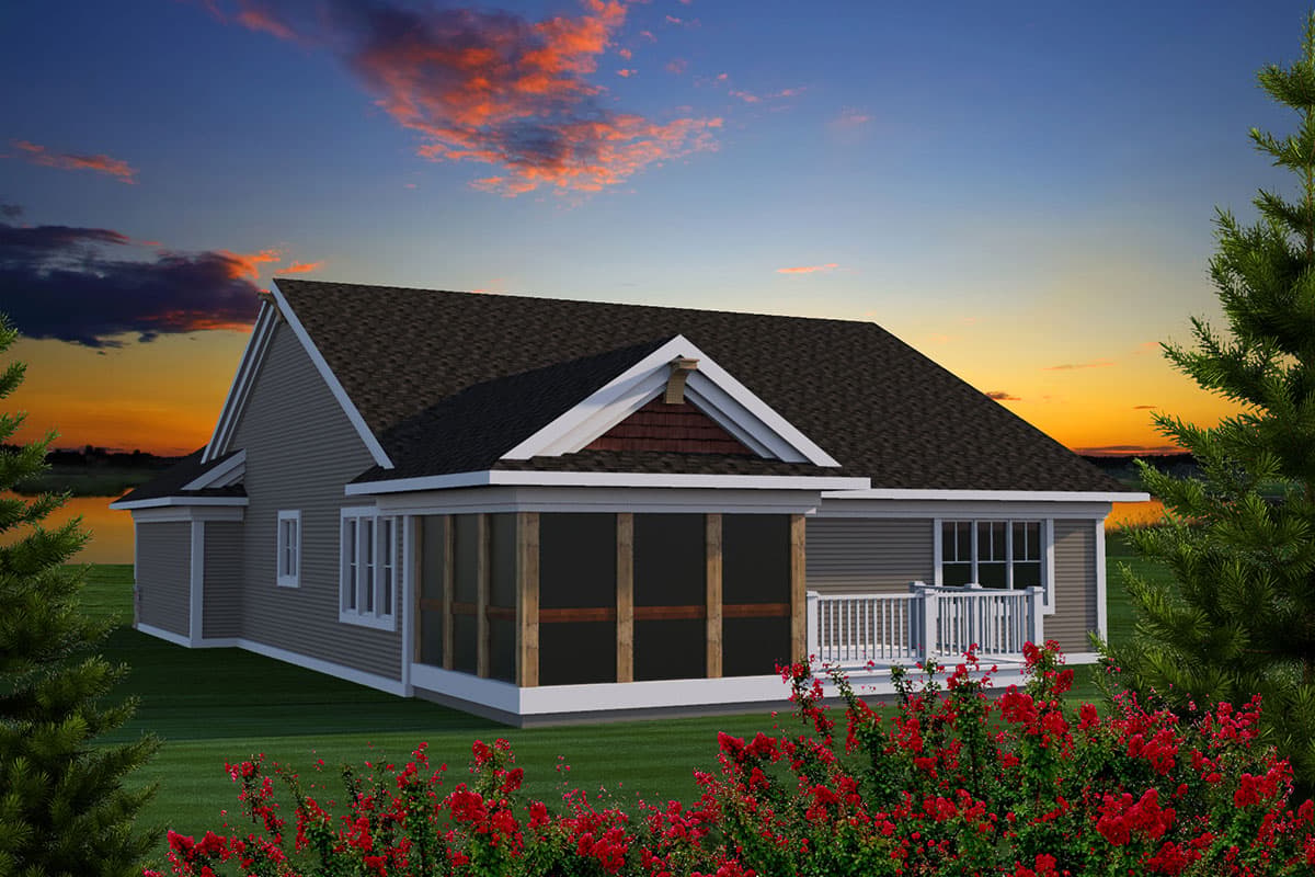 House plan exterior view of a one-story home with a screened porch, white railings, gables, and a steep roofline.