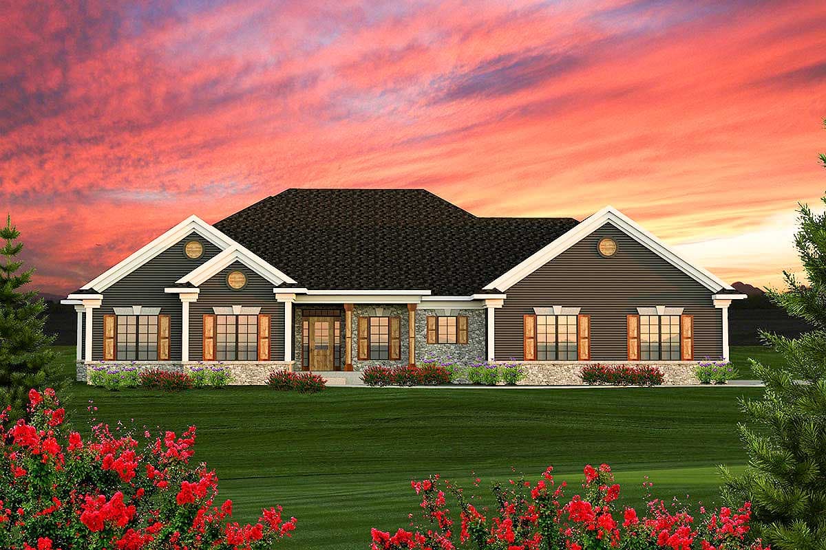House plan exterior: single-story home with wide front porch, stone accents, multiple gables, and large windows.