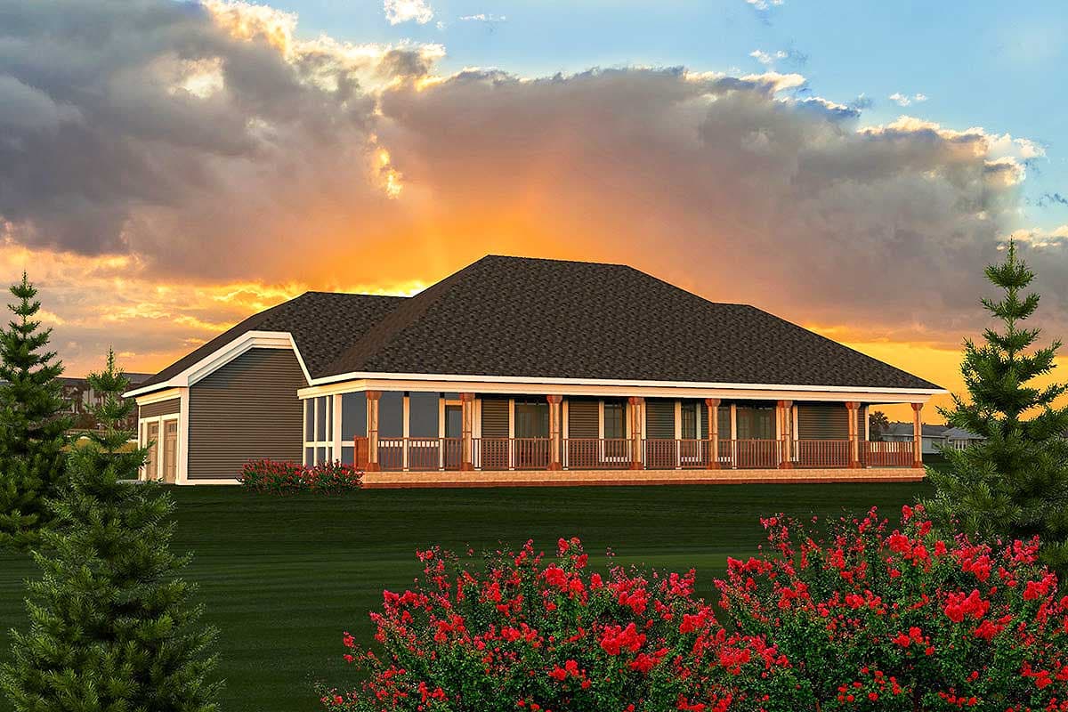 House plan exterior with a wide wrap-around porch featuring decorative posts, large roof gables, and multiple windows.