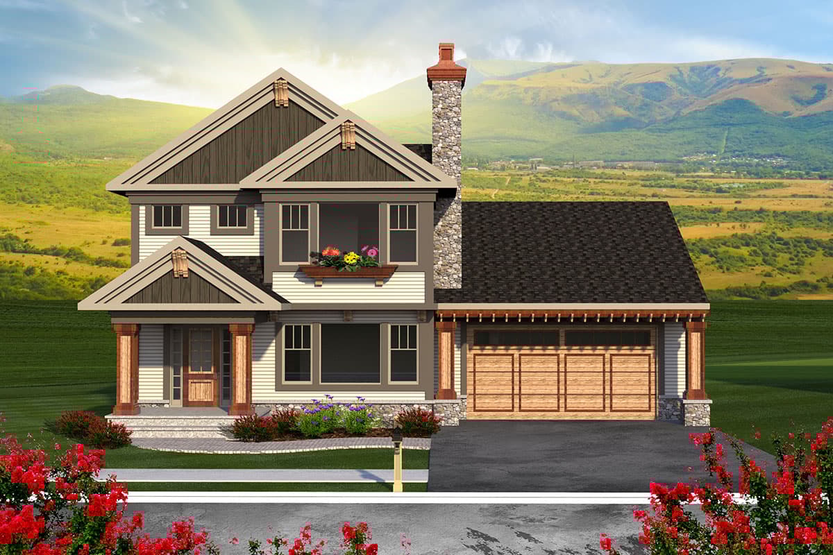 House plan exterior in Craftsman style. Two-story house with gabled roof, stone chimney, and attached garage with wood door.