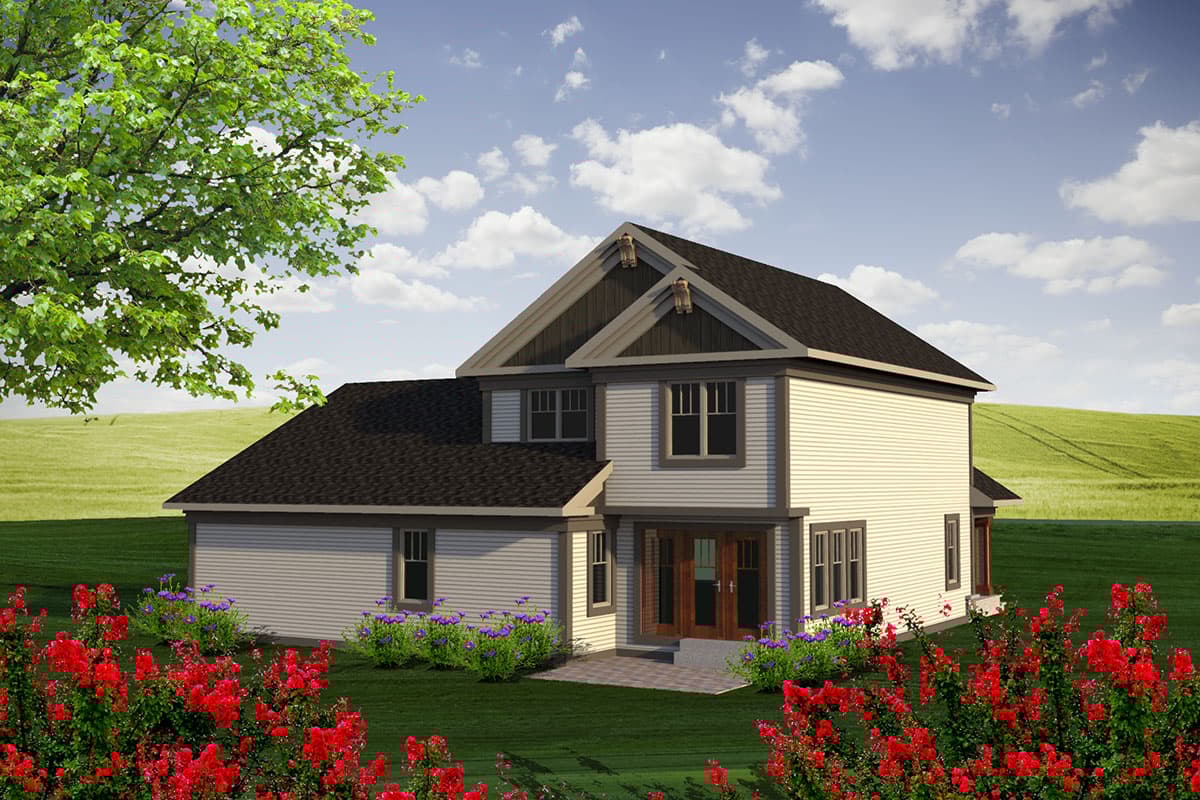 House plan exterior rendering: Two-story modern farmhouse with gables, dormers, and a covered entry porch.