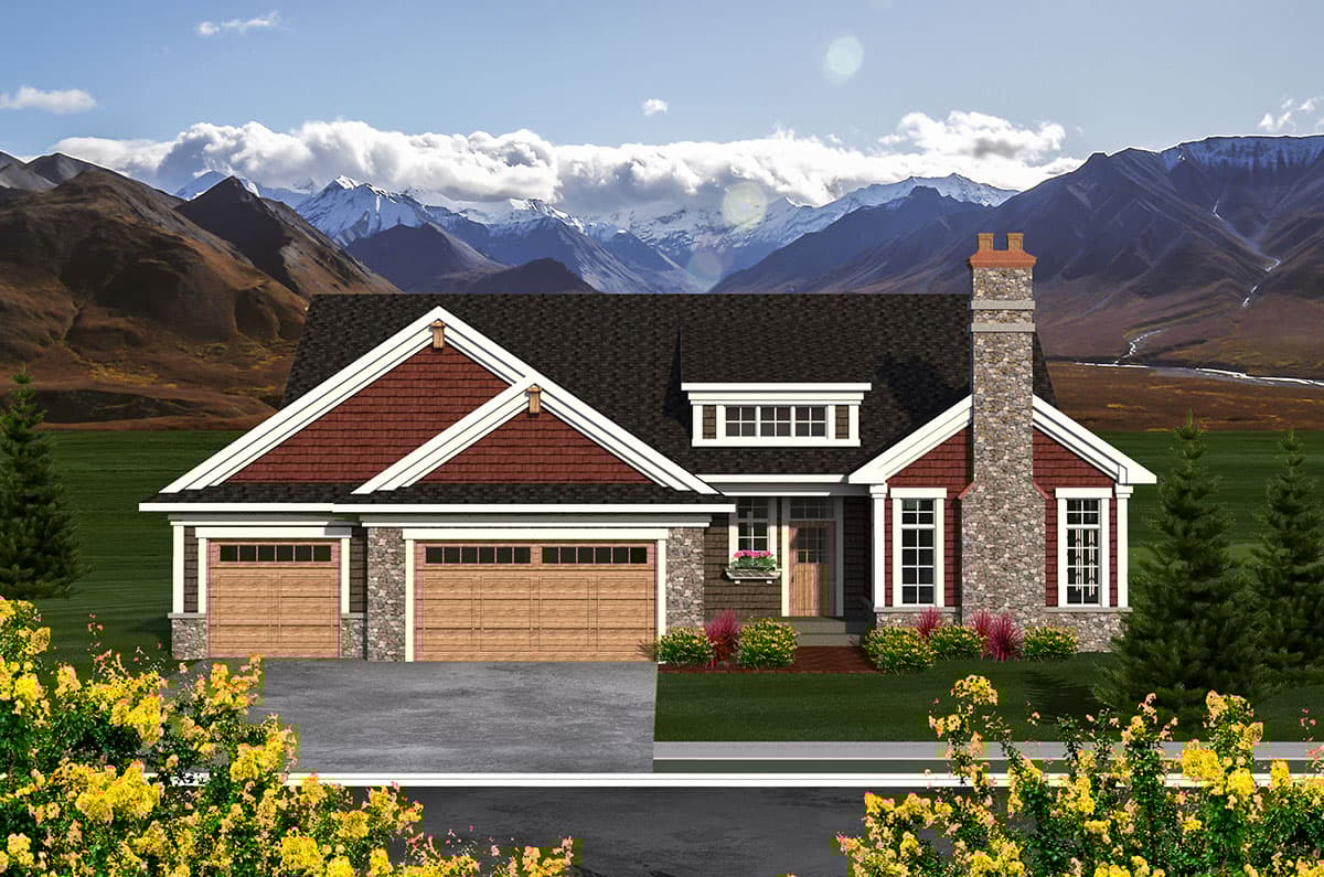 House plan exterior. Craftsman style, single story. Features include a stone chimney, gabled rooflines, and a two-car garage.