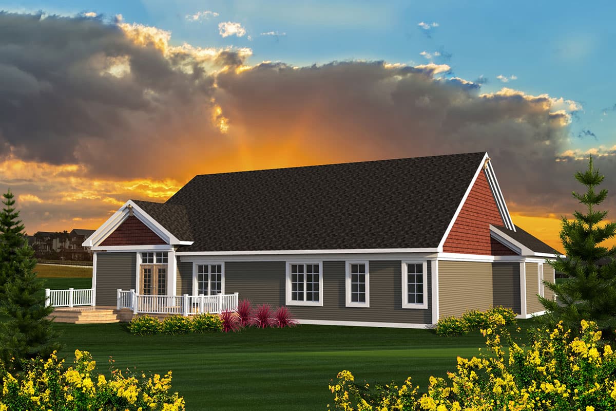 House plan exterior: one-story home with a covered front porch, multiple gables, and a side-facing garage.