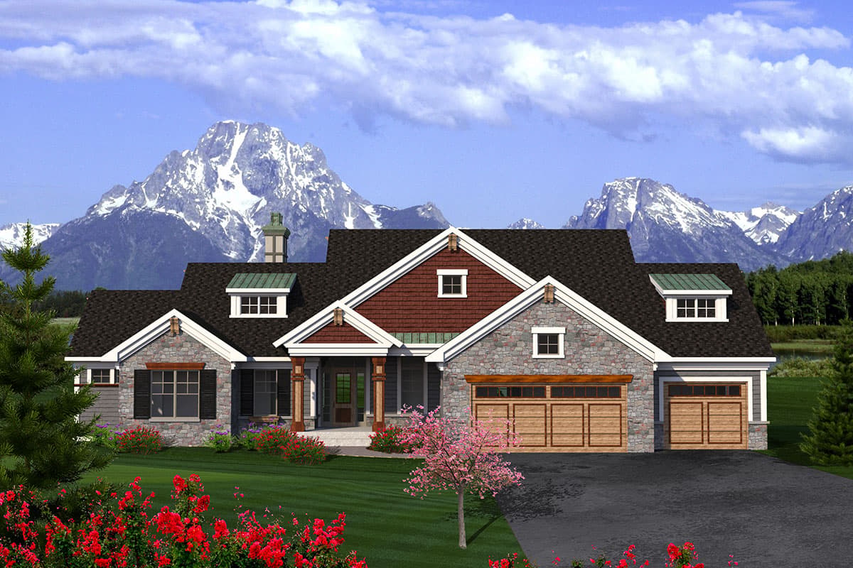 House plan exterior with stone and shingle siding, Craftsman style, single-story, with gables, dormers, and a two-car garage.