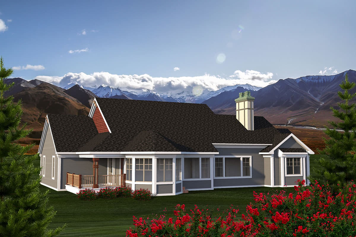 House plan exterior: One-story home with multiple gables, covered porch, and prominent chimney.
