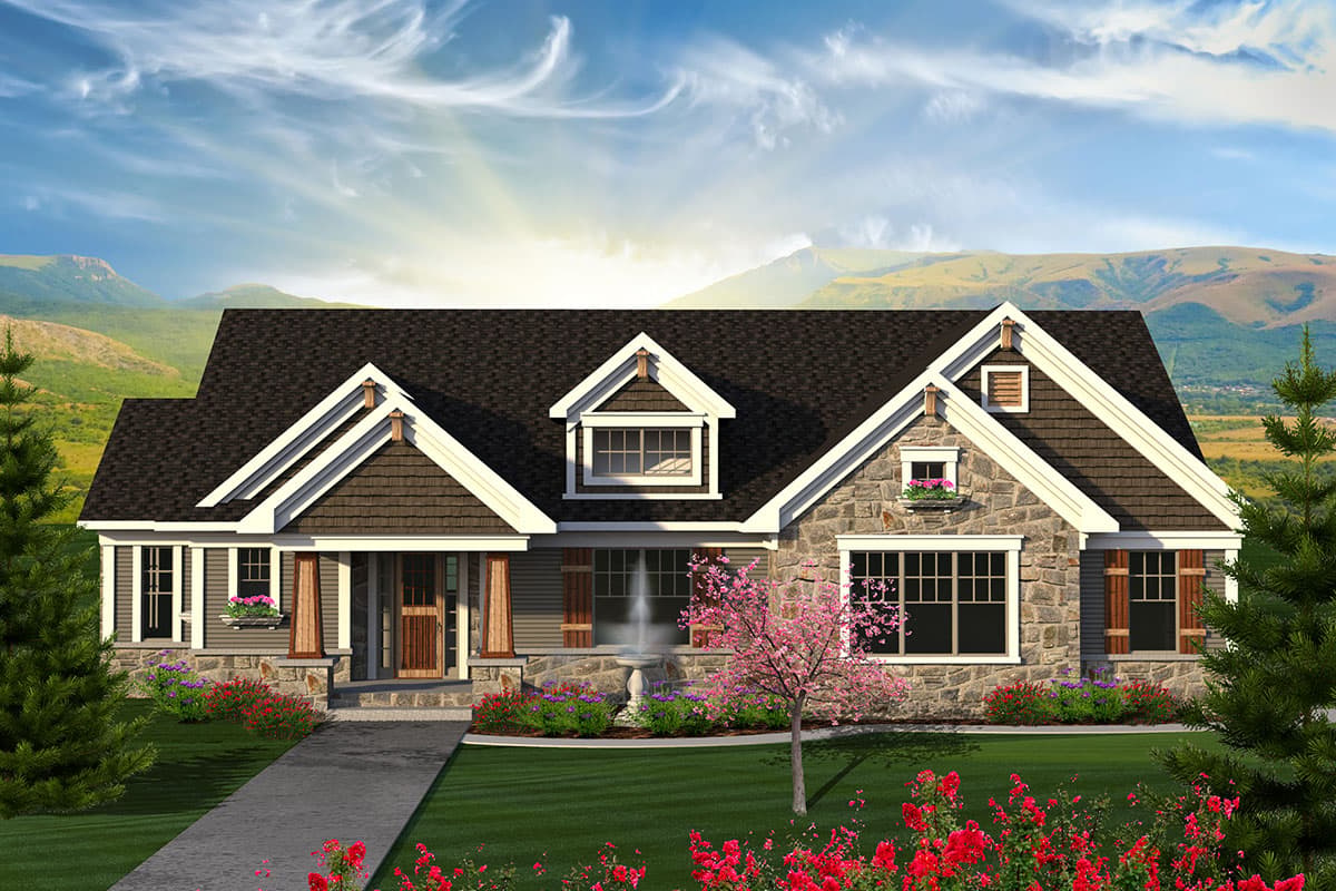 Craftsman style house plan exterior with stone and siding, covered porch, gables, and dormer windows.