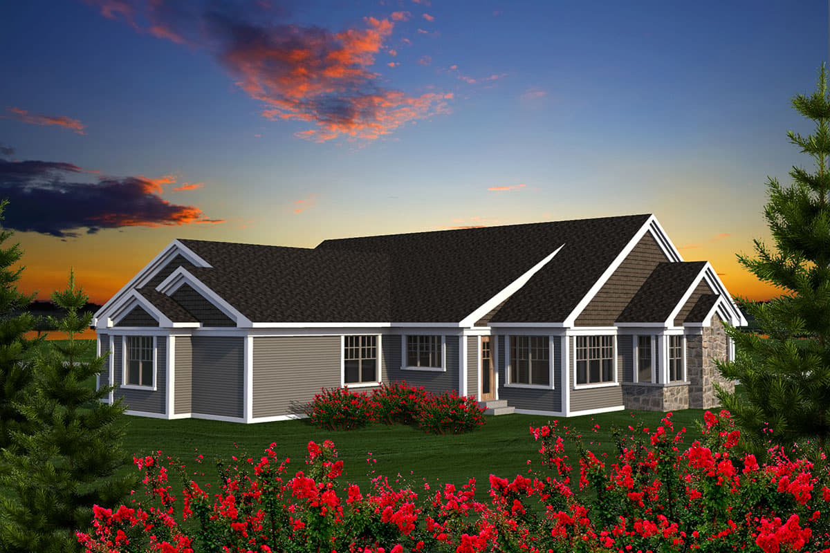 House plan exterior with gabled dormers, siding, stone accents, and multiple rooflines.