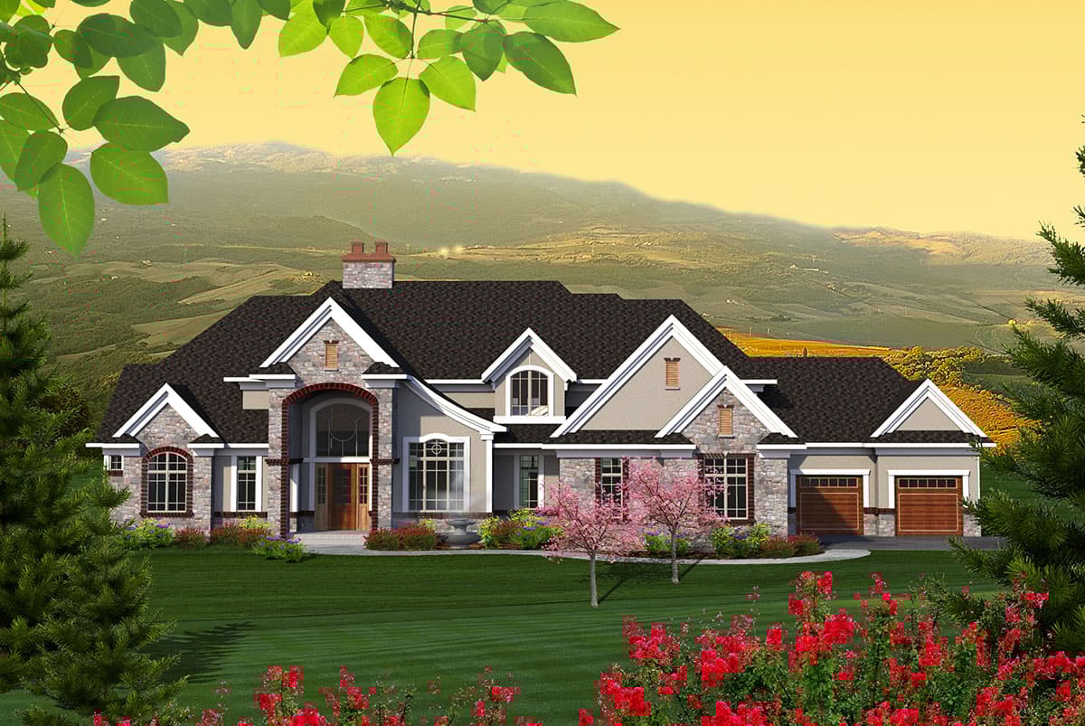 House plan exterior: Stone accents, arched entry with double doors, multiple gables, dormers, and a three-car garage.