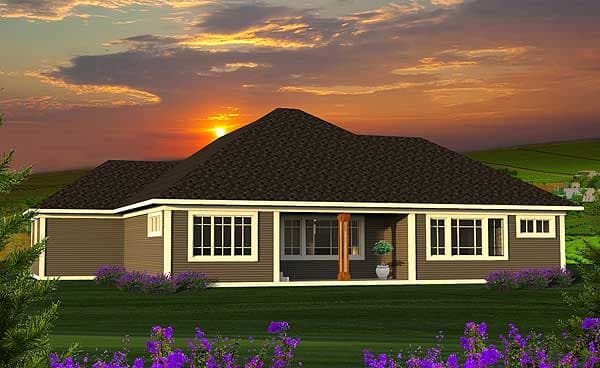House plan exterior: single-story ranch with a prominent gable, covered entry, and large-pane windows.