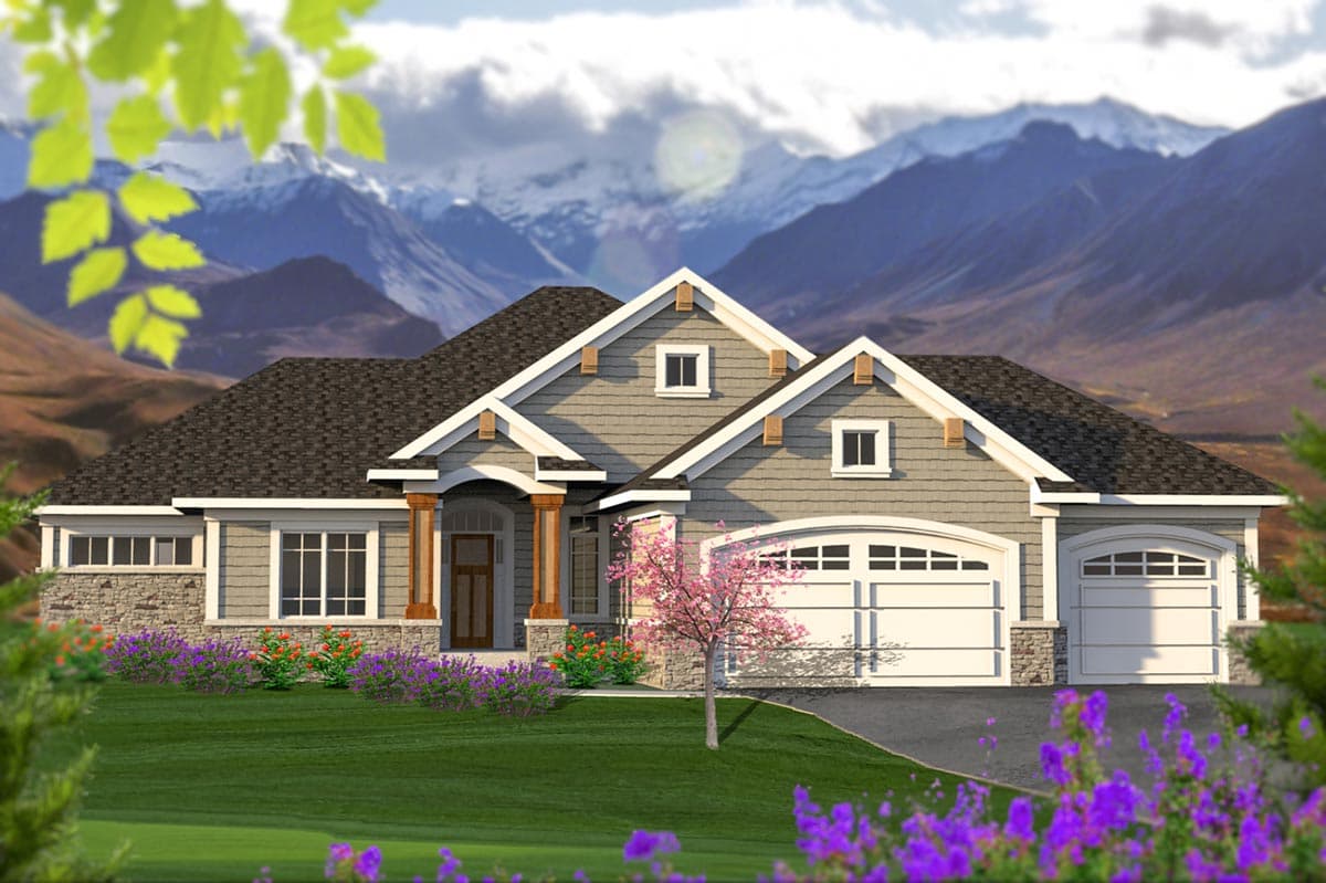 Craftsman style house plan exterior with stone accents, wide front porch, gable dormers and a three-car garage.