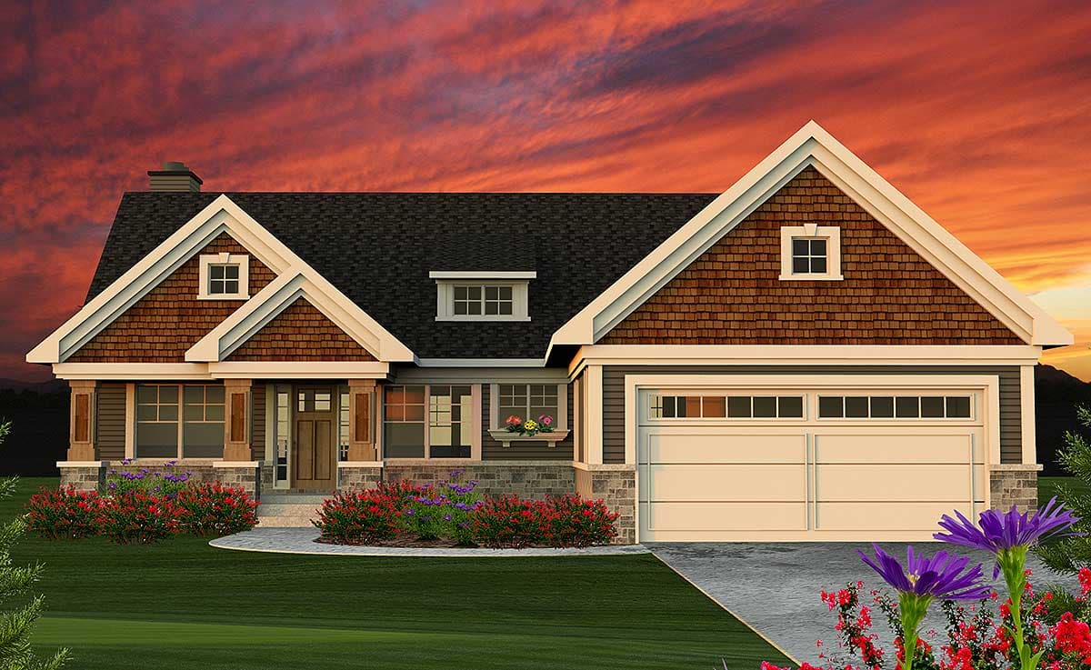 House plan exterior with stone accents, a covered porch, a dormer, and a two-car garage.