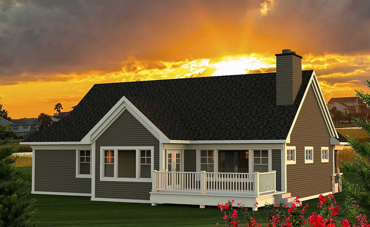 House plan exterior, single-story dwelling with a prominent chimney, white-railed porch, and gabled roofline.