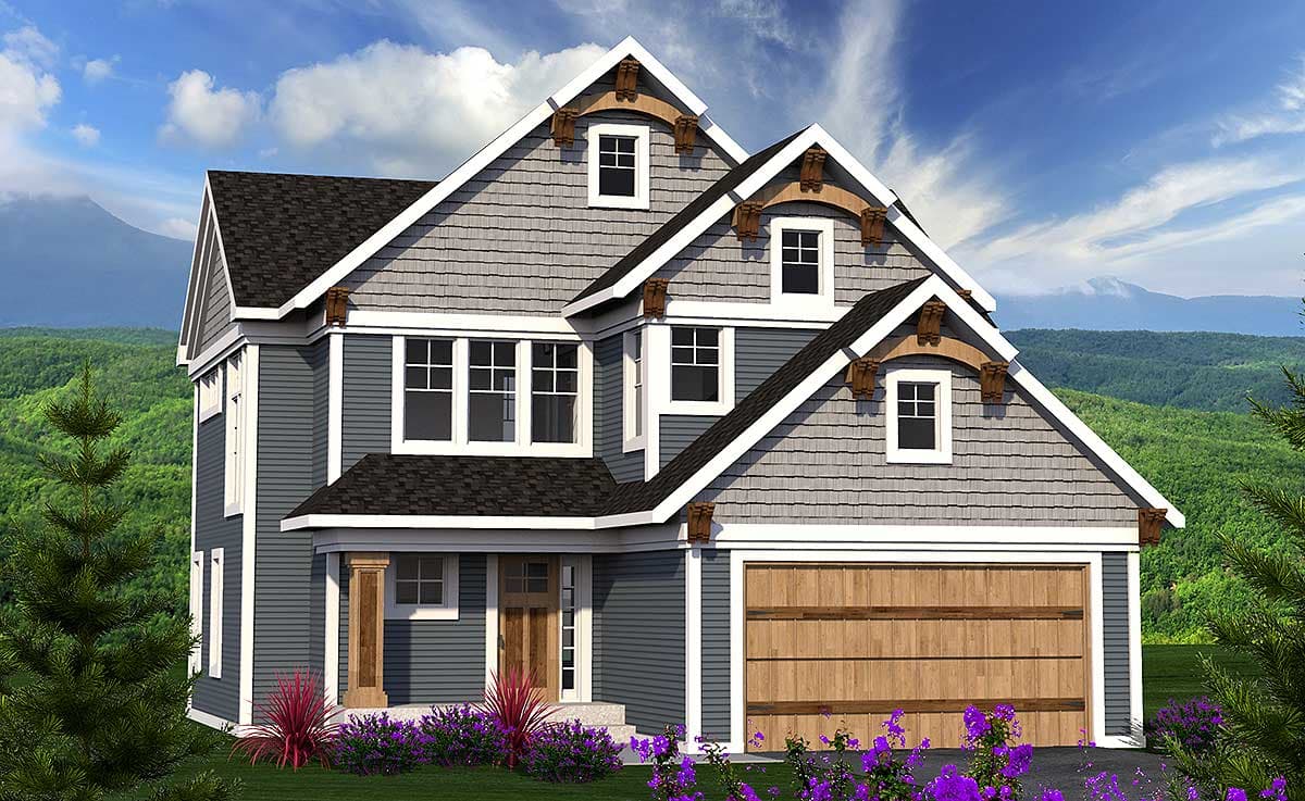 Craftsman style house plan exterior, two stories, with gables, dormers, a covered entry, and a wooden garage door.
