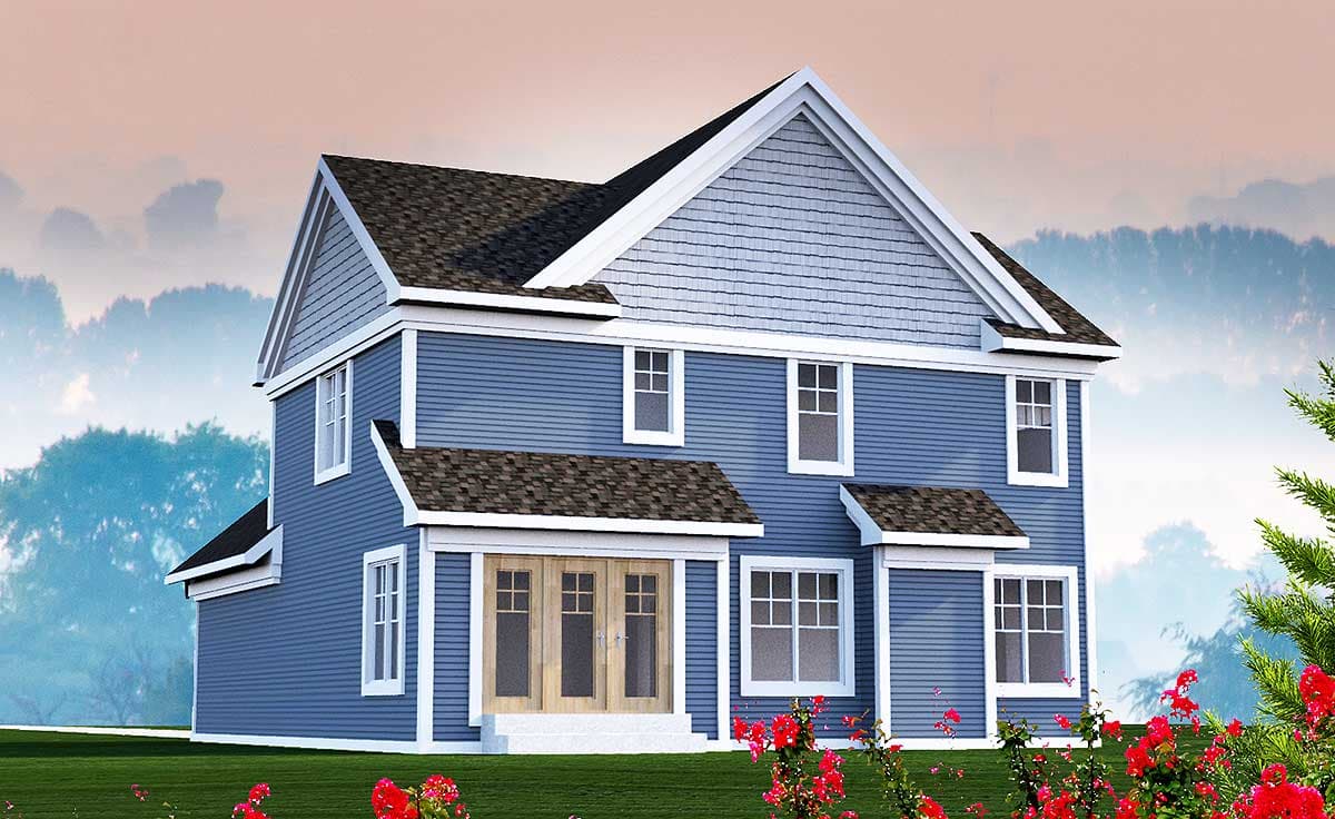 House plan exterior: two-story blue house with gabled roof, shingled upper gable, double front doors, and multiple windows.