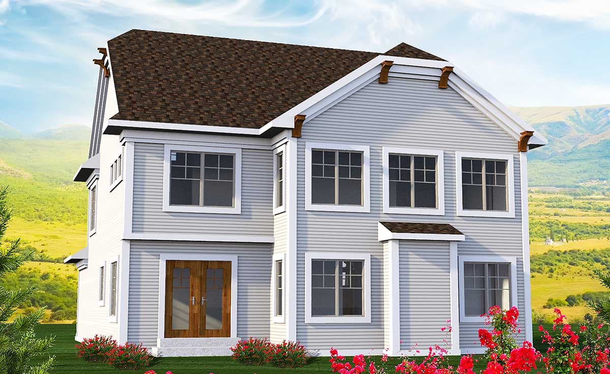 House plan exterior: Two-story modern home with double front doors, gable roof, and decorative brackets.
