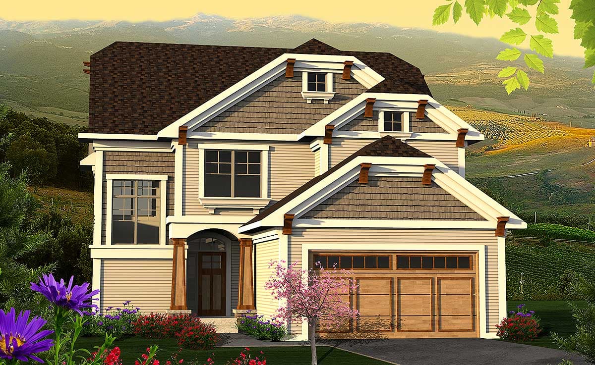 House plan exterior: Two-story home with arched entryway, gabled dormers, shingle siding, and attached two-car garage.