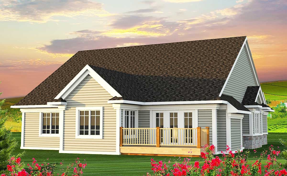 House plan exterior: Single-story home with gabled dormers, clapboard siding, a front deck, and stone foundation.