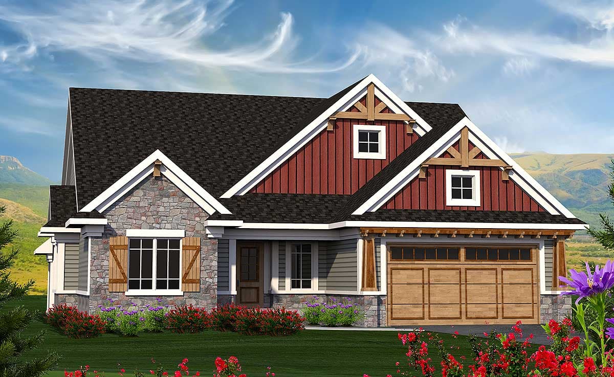 House plan exterior with stone and vertical siding, gabled dormers, exposed rafter tails, and a three-car garage.