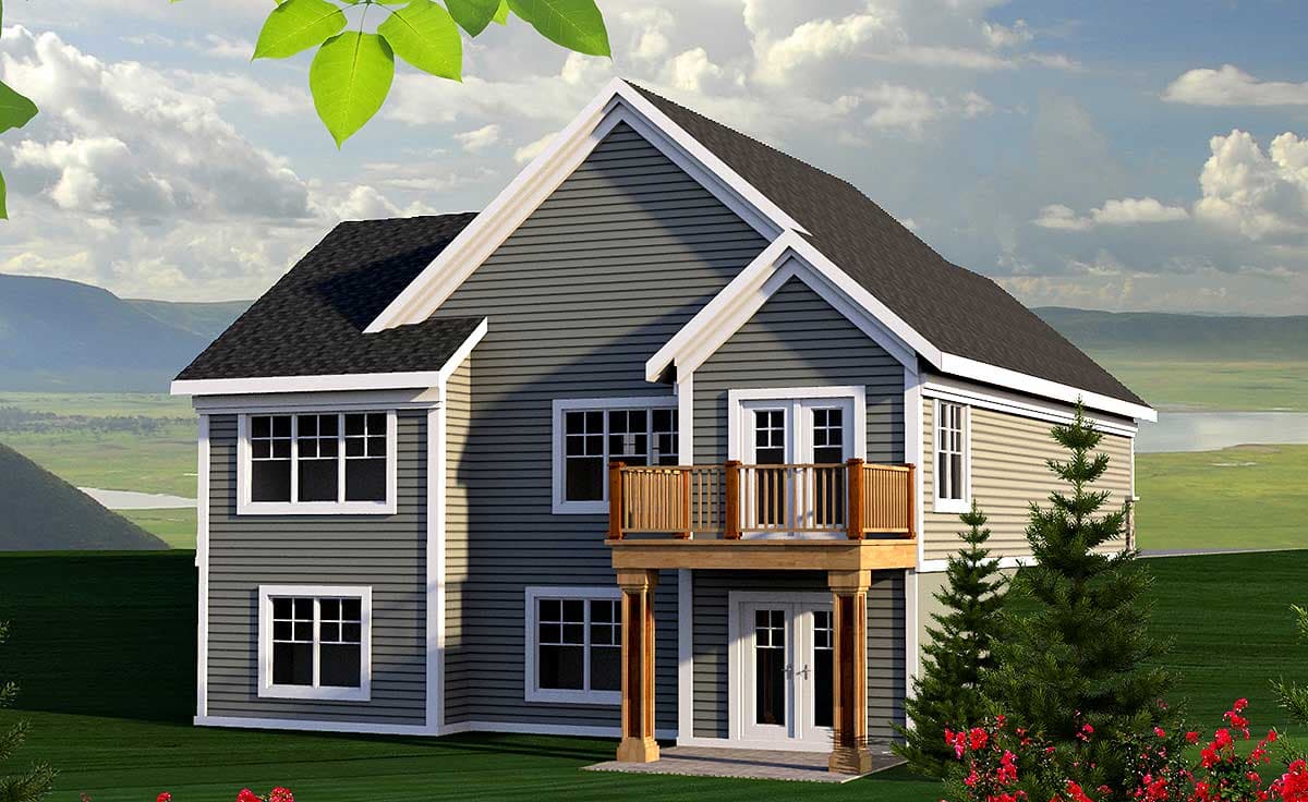 House plan exterior of two-story home with horizontal siding, gabled roof, and elevated wooden deck with railings.