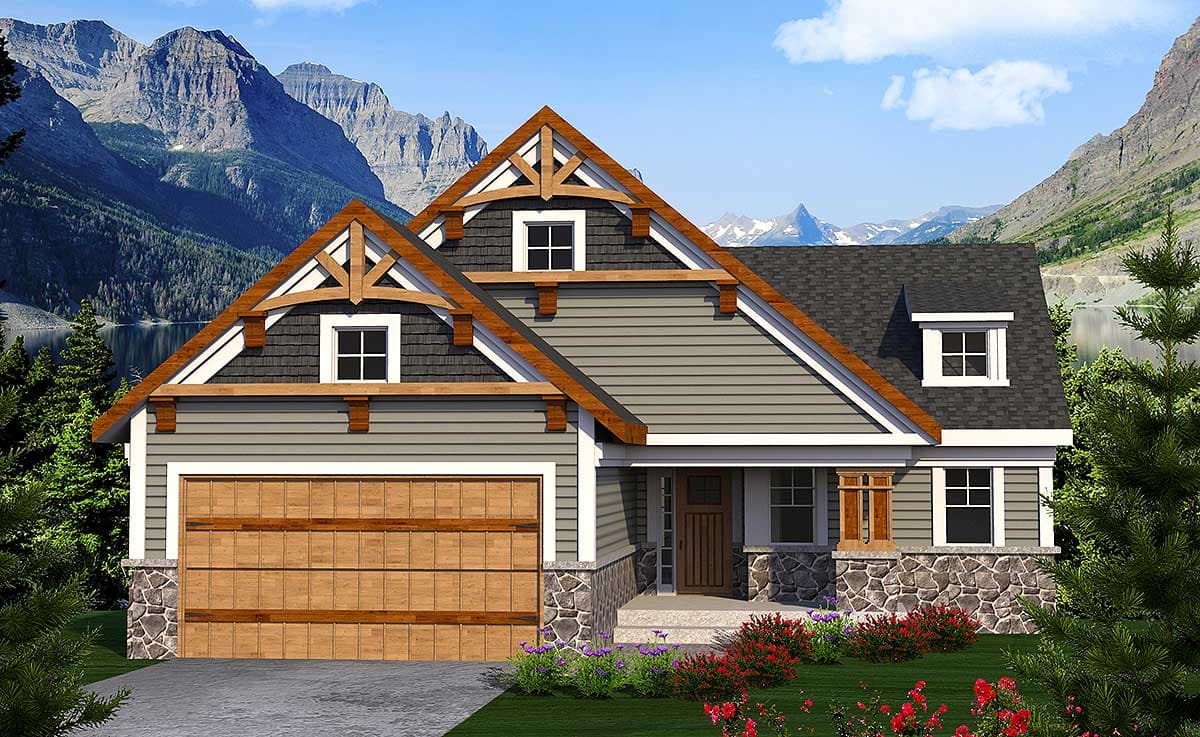 House plan exterior with prominent gables, decorative trusses, stone foundation, and a two-car garage.