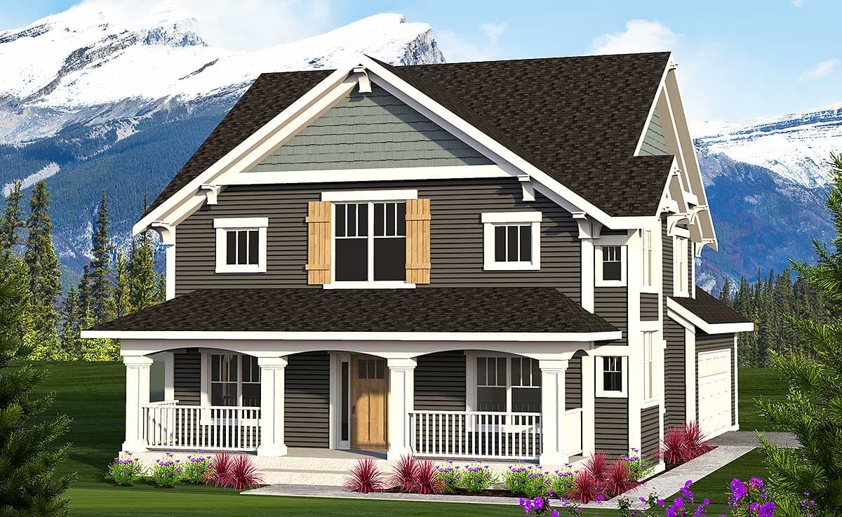 House plan exterior of a two-story home with a wrap-around porch, multiple gables, and an attached garage.