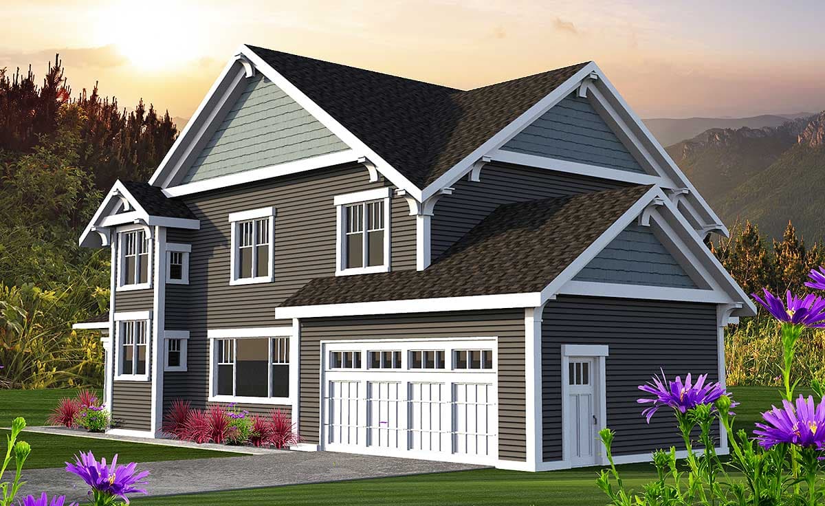 House plan exterior: two-story home with a gabled roof, dormers, and a two-car garage with carriage doors.