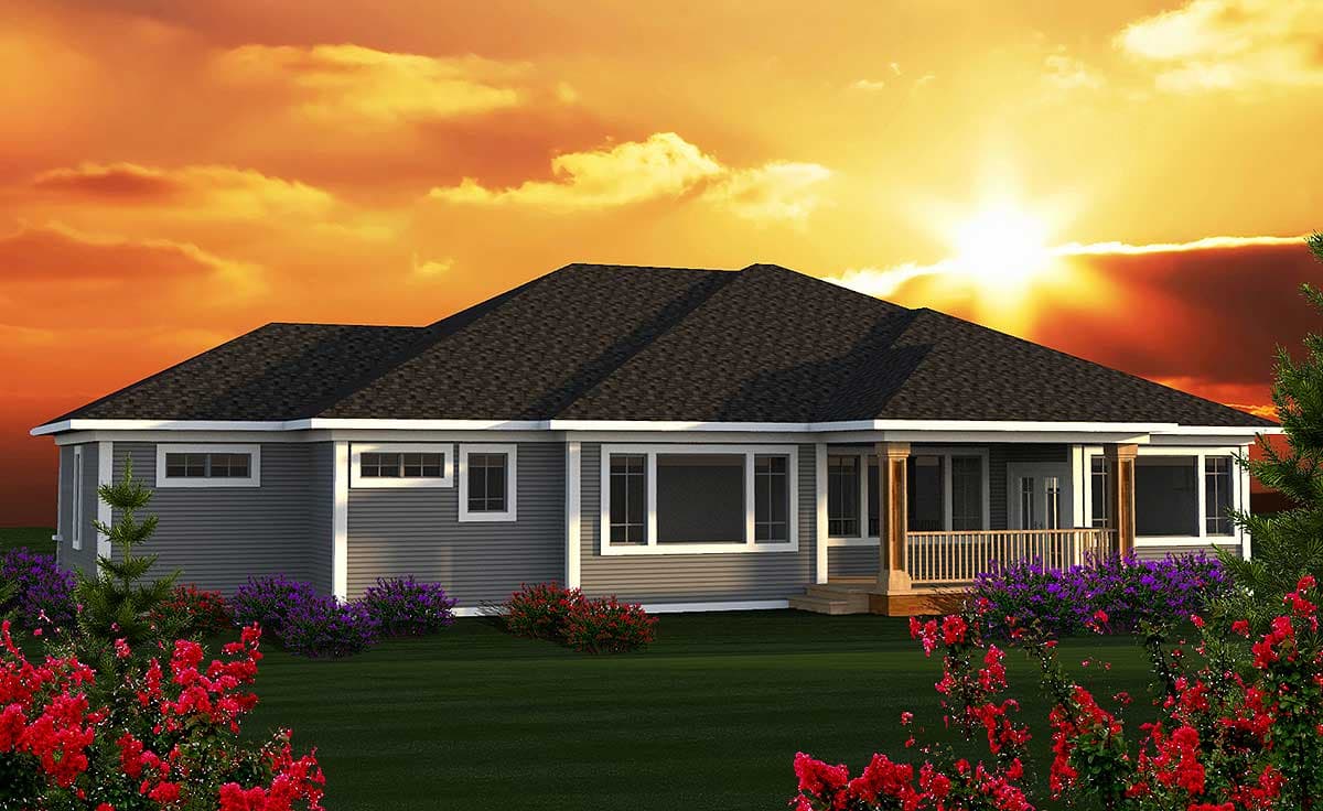 House plan exterior: Ranch style, single-story home with a covered porch, gabled roof, and large windows.