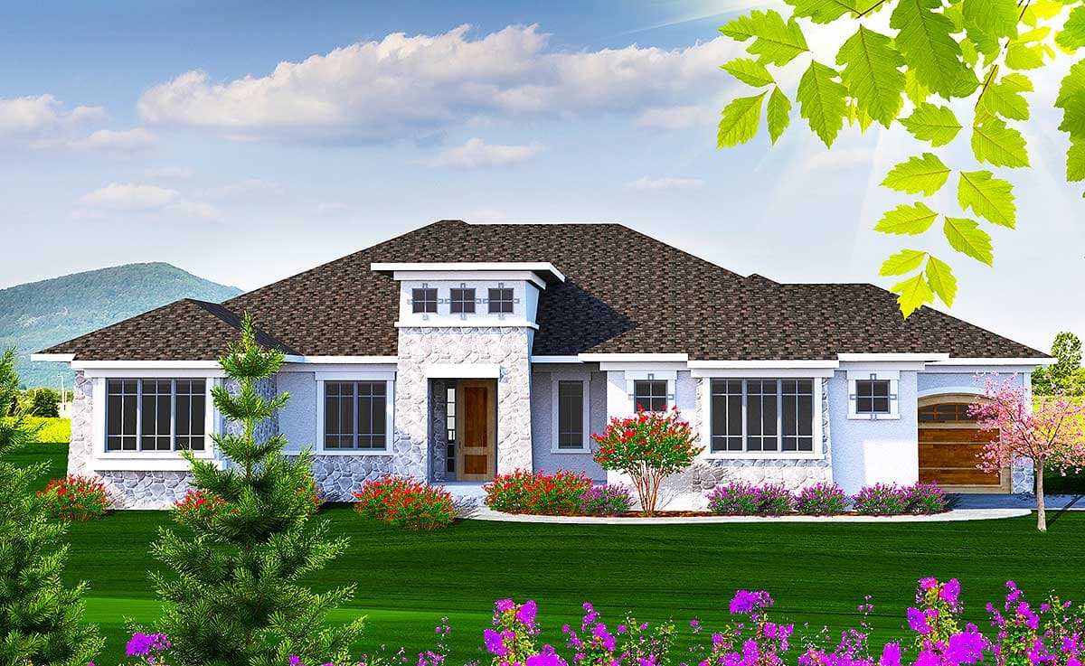 House plan exterior: one-story home with stone accents, central entryway, large windows, and attached garage with wood door.